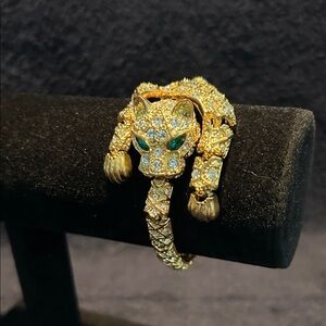 Bracelet, Large Articulated Panther. Gold Tone with Rhinestones & Green Eyes